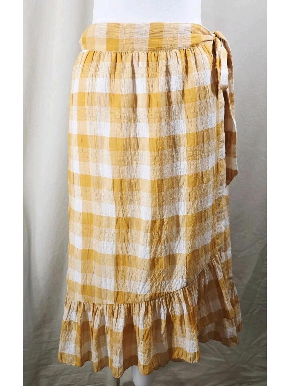 Lilla P Wrap Skirt Size S Small NWT Yellow White Gingham Midi Maxi Ruffle Hem